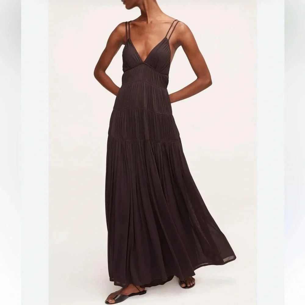 NWT Rebecca Taylor Chocolate Brown Ruched Mesh V Neck Tie Back Maxi Dress Size 0